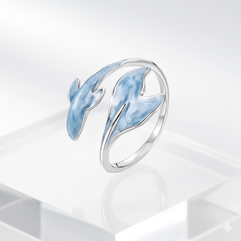 SSUPAC Stainless Steel Ocean Whale Tail Ring with Blue Marble Effect, Inner Diameter 0.66 inch