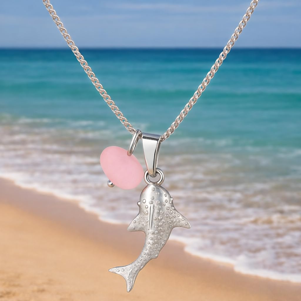 Silver Whale Shark Necklace with Pink Sea Glass Accent, Gold and Silver Chain - 4 Color Options