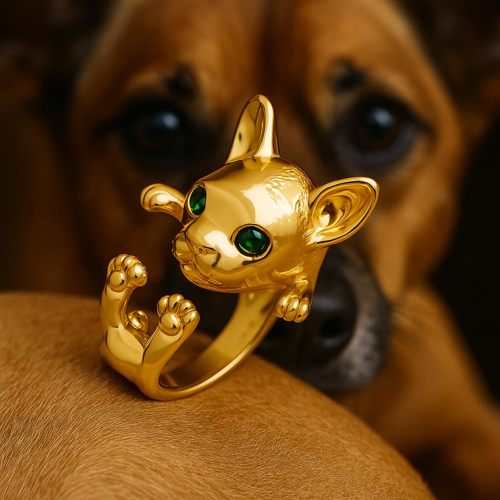 SUPAC Adjustable Silver Dog Ring, Westie Terrier and Bulldog Design, Fashion Jewelry (Golden French Bulldog)