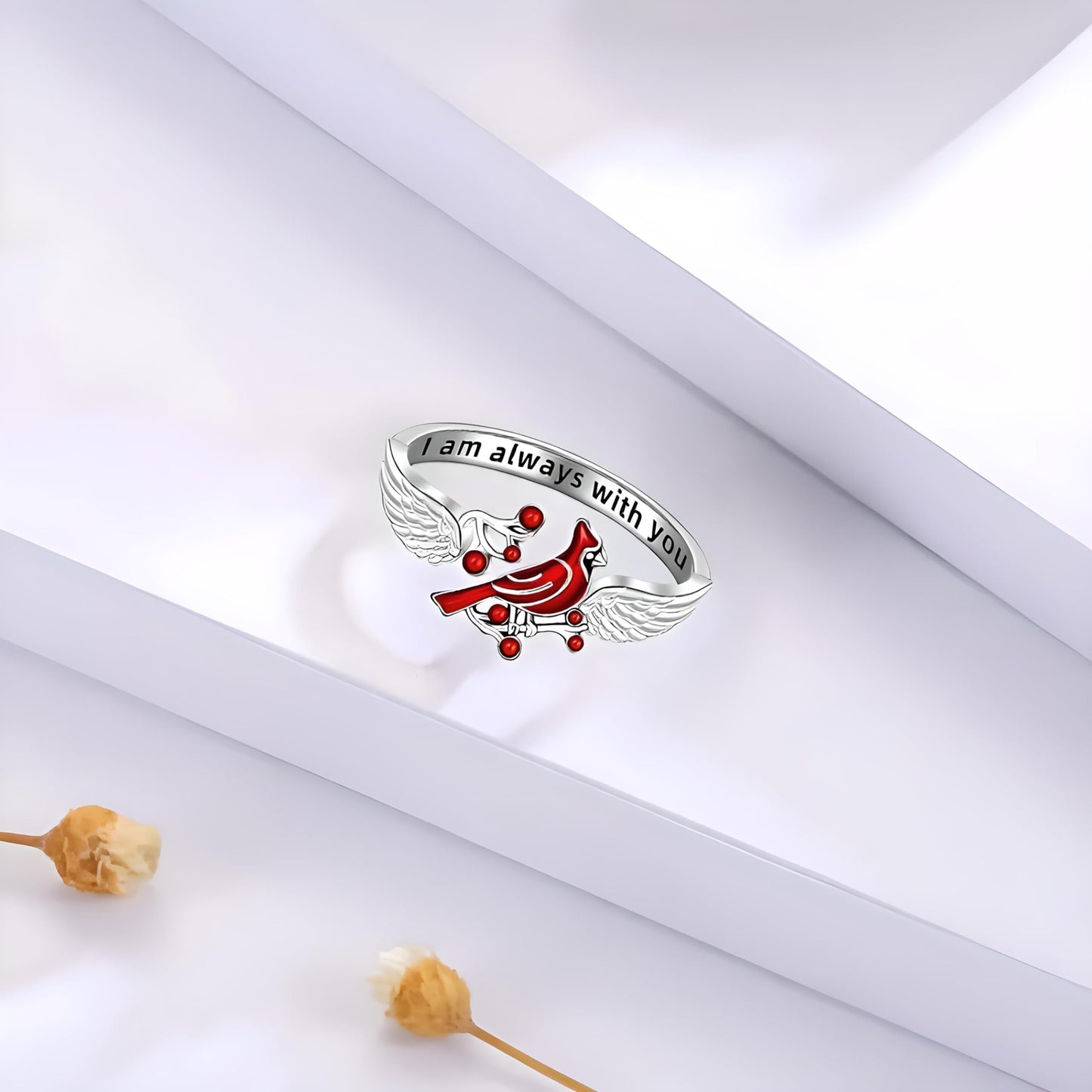 SUPAC Red Cardinal Wing Ring, and Necklaces, Silver-Plated 'I Am Always with You' Inspirational Message, Adjustable - Christmas, Party, or Birthday Gift