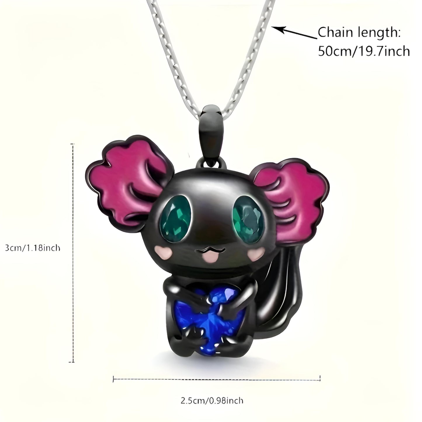SUPAC Cute Axolotl Pendant Necklace, 19.7 inch Chain, Crystal Heart Design, 3 Colors - Axolotl Gift