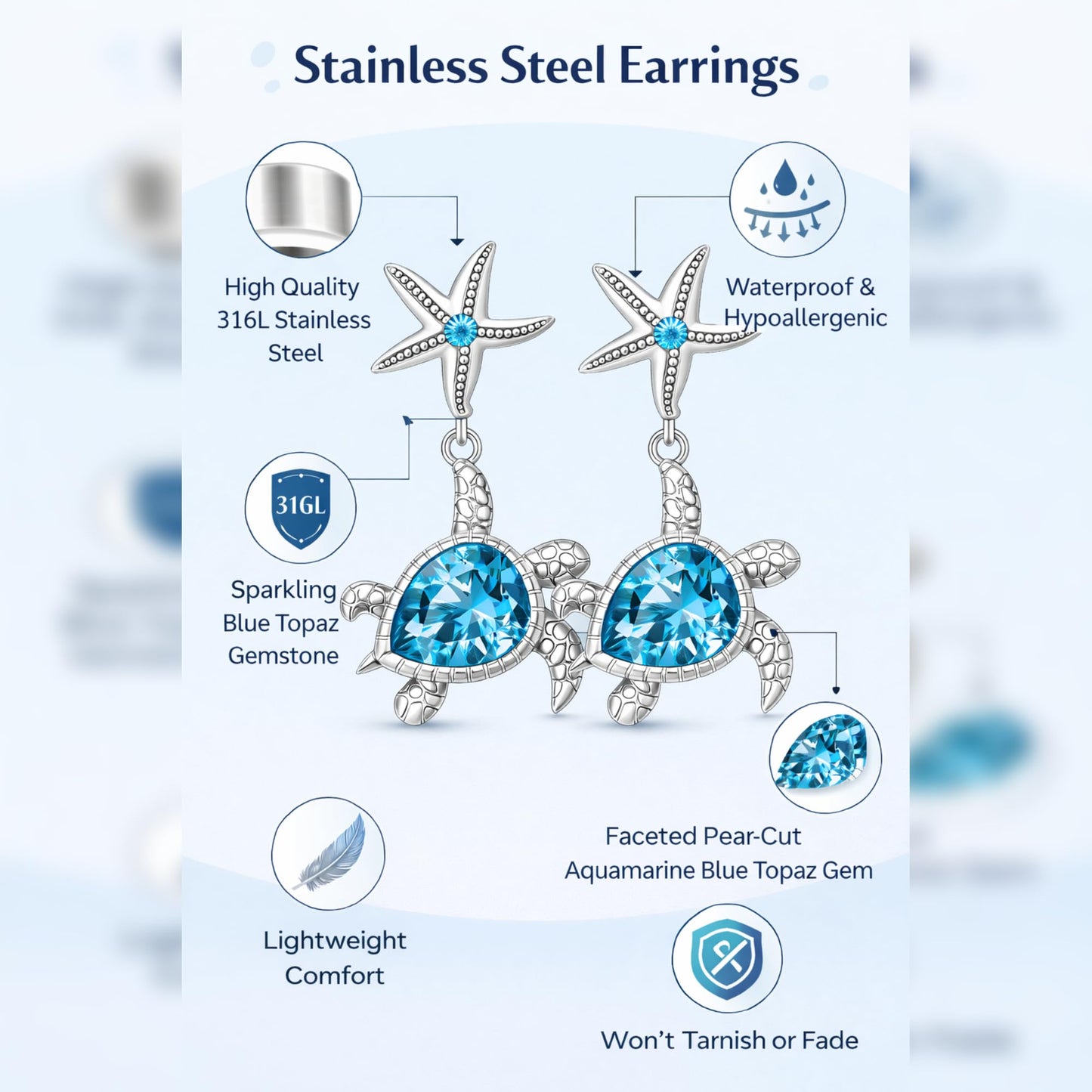 Pair of Cute Starfish and Turtle Stud Earrings - Stainless Steel Ear Needles, Man Made Rock Mosaic, Plated White K Finish, Alloy Construction