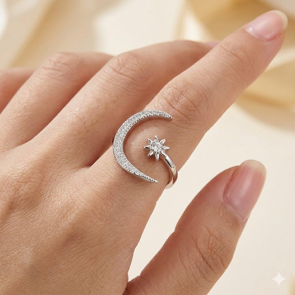 SUPAC 1pc Chic Moon & Sun Cuff Ring - Shimmering Rhinestone Crescent Design - Delicate Daily Wear & Party Accessory for Fashion-Forward Style - Christmas, Birthday Gift