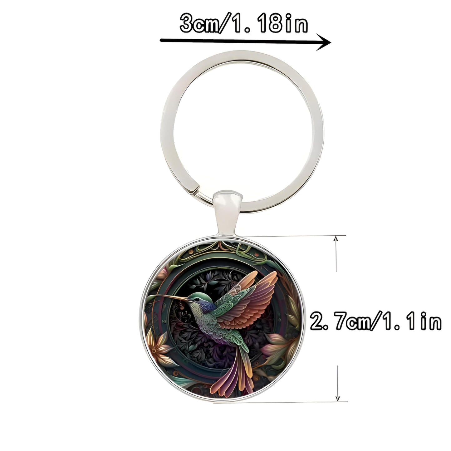 SUPAC Artistic Hummingbird Keychain, 2D Flat Stainless Steel, Silver Frame with Floral Background, 1.1 x 0.98 Inch Pendant