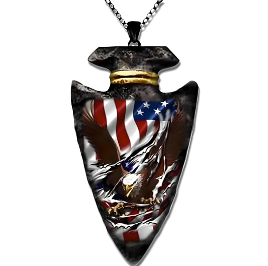 Battle Bald Eagle Stars and Stripes Pattern Necklace, Spear Shaped Triangle Pendant Arrowhead, Halloween, Christmas or Birthday Gift