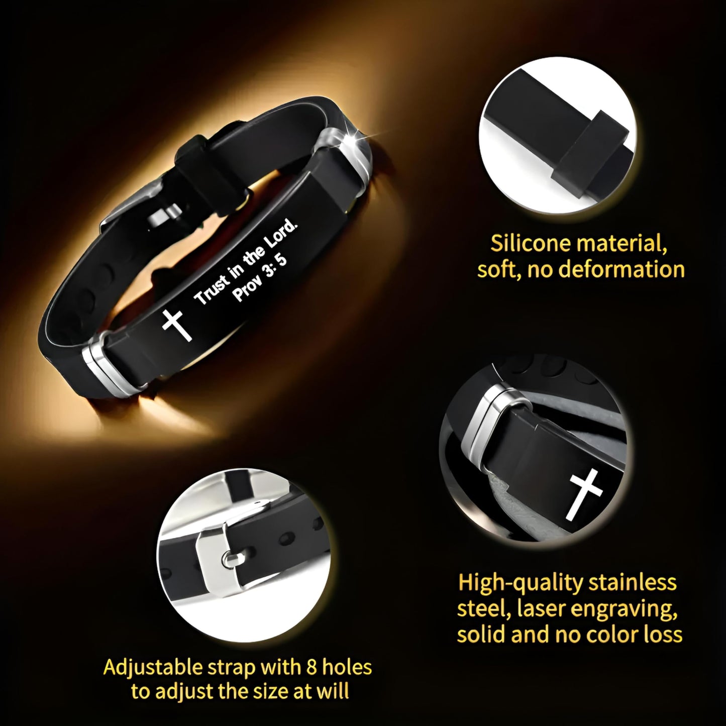 Christian Cross Bracelet with Proverbs 3:5, Phillipians 4:13, Matthew 19:26, Isaiah 41:10, Luke 1:37, Matthew 28:20 Scripture, Black Silicone Adjustable Watch Band, 9.05 inch Length