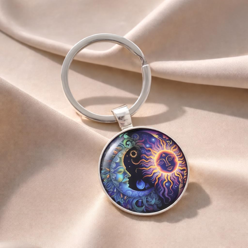 Celestial Sun and Moon Pendant Keychain, 17.7 inch Chain, Colorful Mystical Design (Celestial Sun and Moon Keychain)