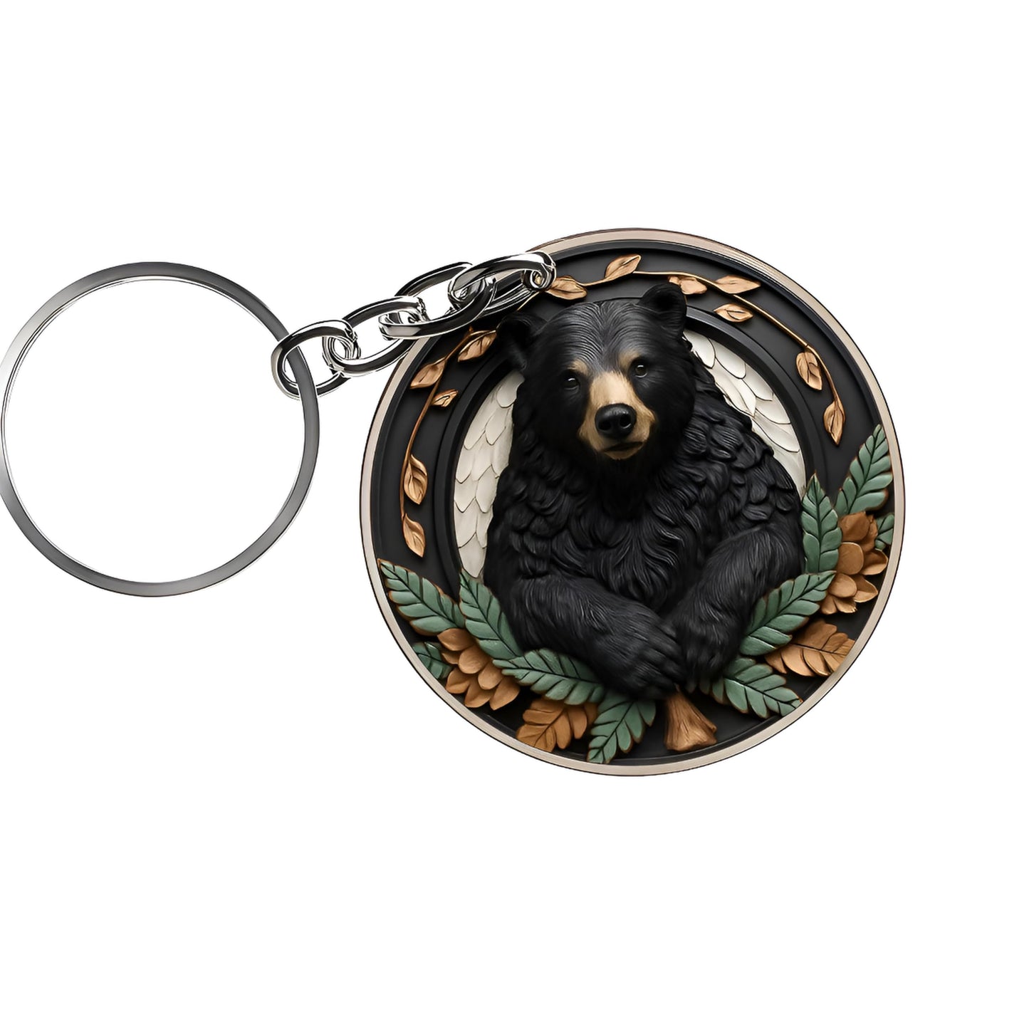 SUPAC 1pc Unique Bear With Forest Background Shaped Metal Keychain - Fashionable Circular Animal Keyring for Men and Friends