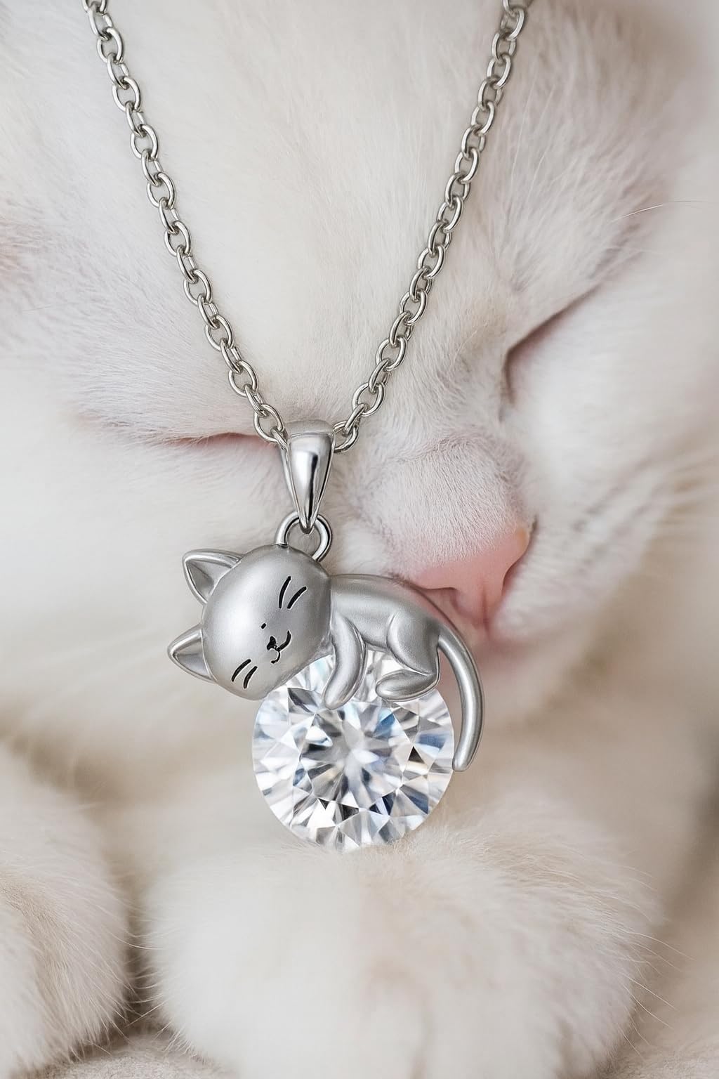 Crystal Cat Pendant Necklace, Silver Chain with Sleeping Cat Design, 17.7 inch Length