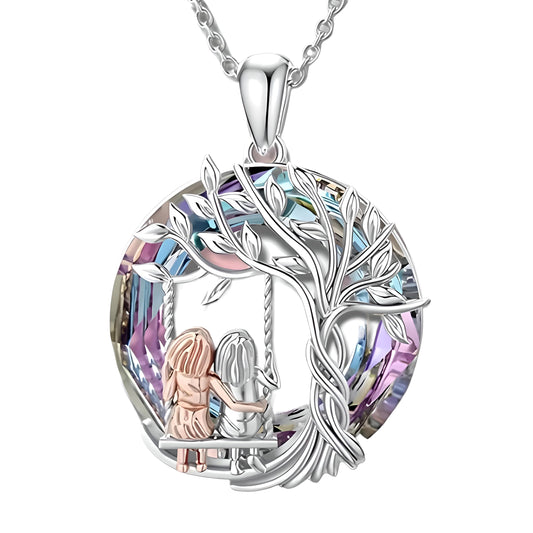 Tree of Life Swing, Sloth, Horse + Other Styles Pendant Necklace, Silver Chain, Crystal Rainbow Background - Gift for Friends