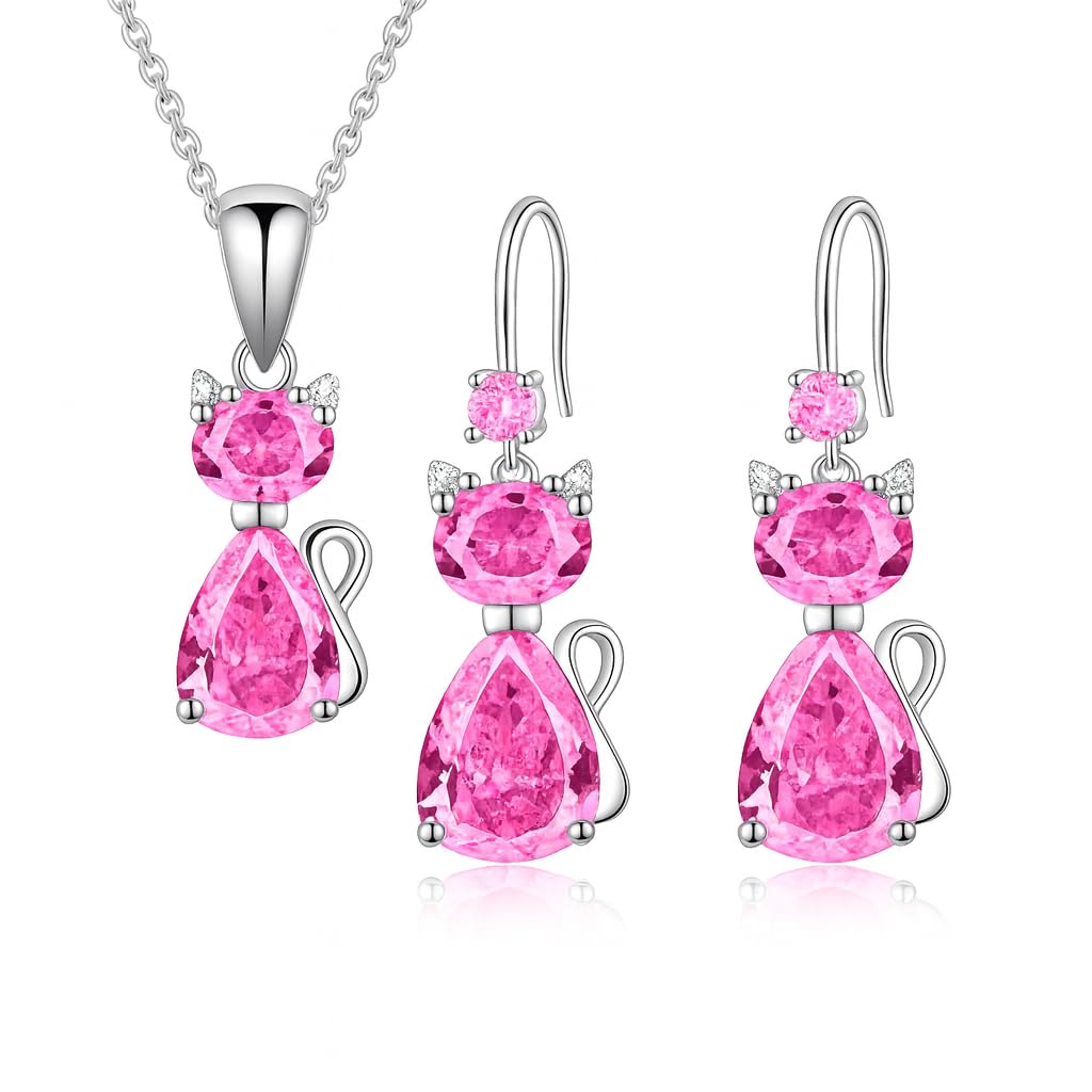 SUPAC Pink and Purple Cat Jewelry Set, Rose Gold Plated Crystal Necklace Earrings Ring, Gift for Cat Enthusiasts 6 Color Variations