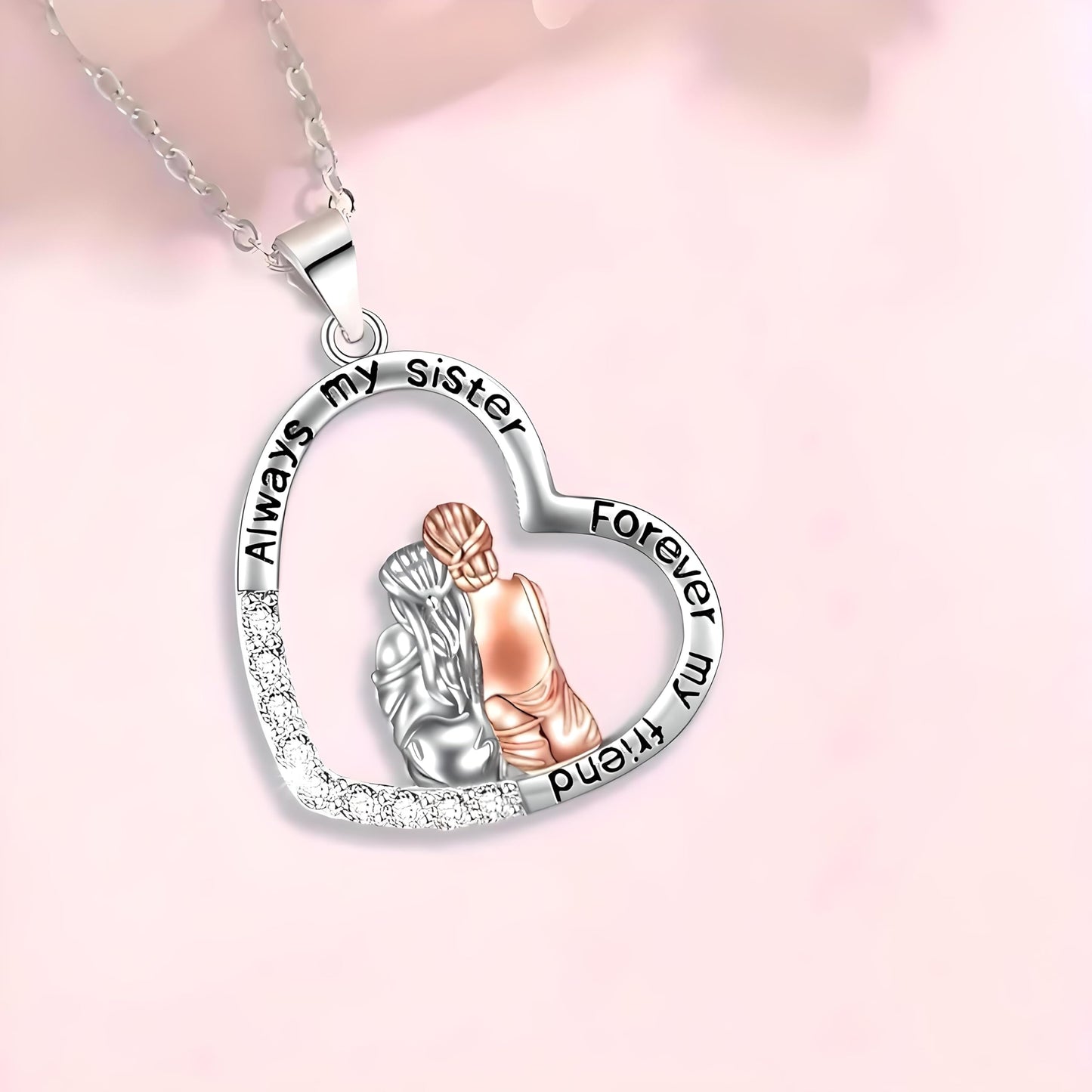 3PCS Sister Love Heart Pendant Necklace Set, Fashion Alloy, One necklace with Two Earings- White Gold Plated Jewelry for Women – "Always my sister, Forever my friend" -Ideal Birthday, Christmas, Party Gift