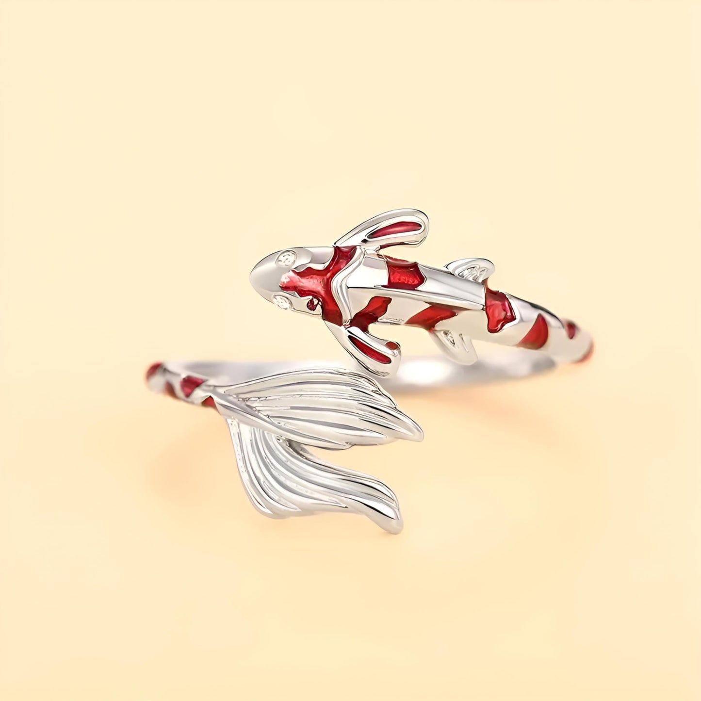 Stainless Steel Koi Fish Ring and Earrings Set with Red Enamel, Japanese Style - Koi Fish Jewelry Gift