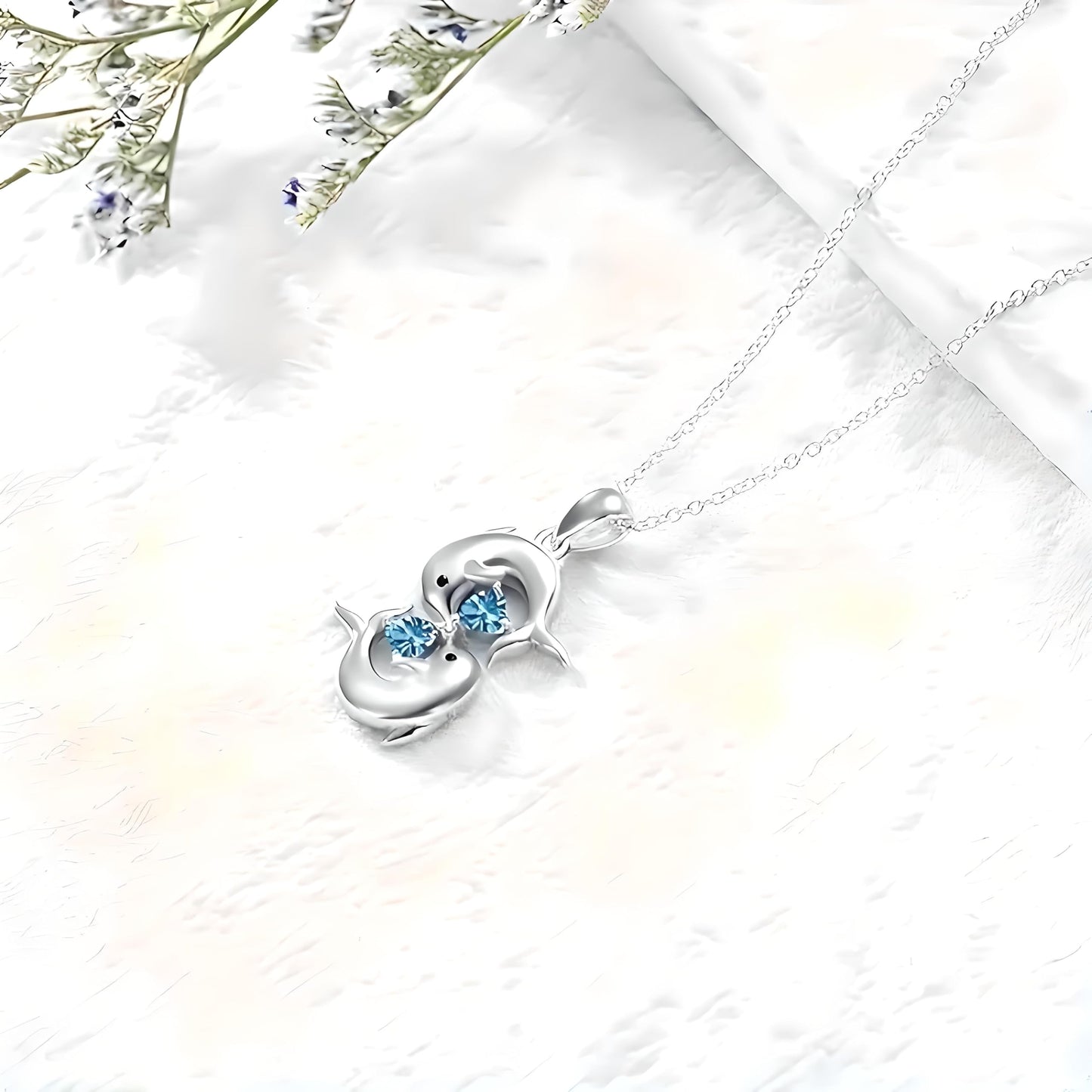 Sterling Silver Double Dolphin Pendant Necklace with Blue Crystal Hearts, Ocean Theme Jewelry