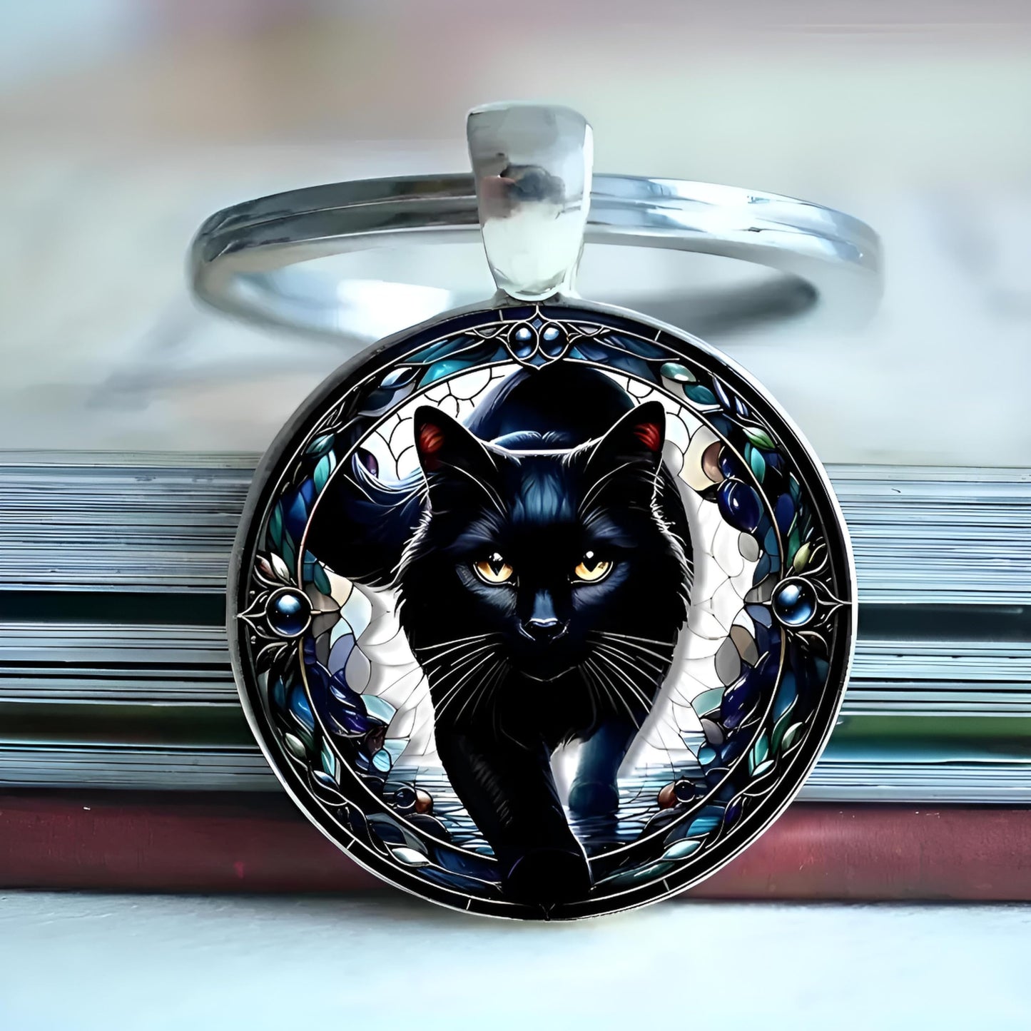 SUPAC Mystic Cat Art Glass Pendant Keychain, Double-Sided Round Design, Floral Pattern, Silver Keyring, Black Brown Kitten