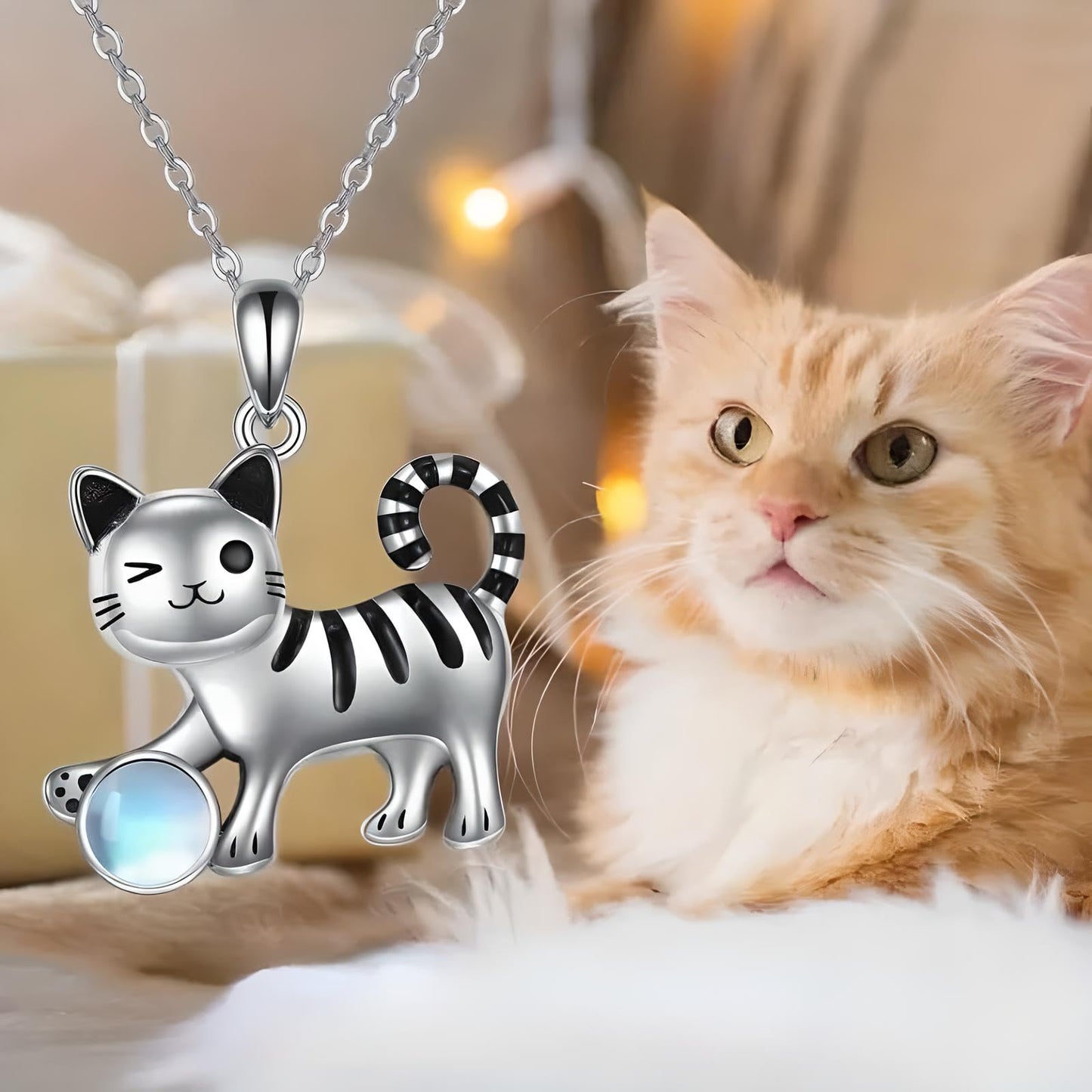 SUPAC Winking Cat Pendant Necklace Playing With Blue Ball, Sterling Silver Chain, Moonstone Ball Charm - Cat Lovers' Gift