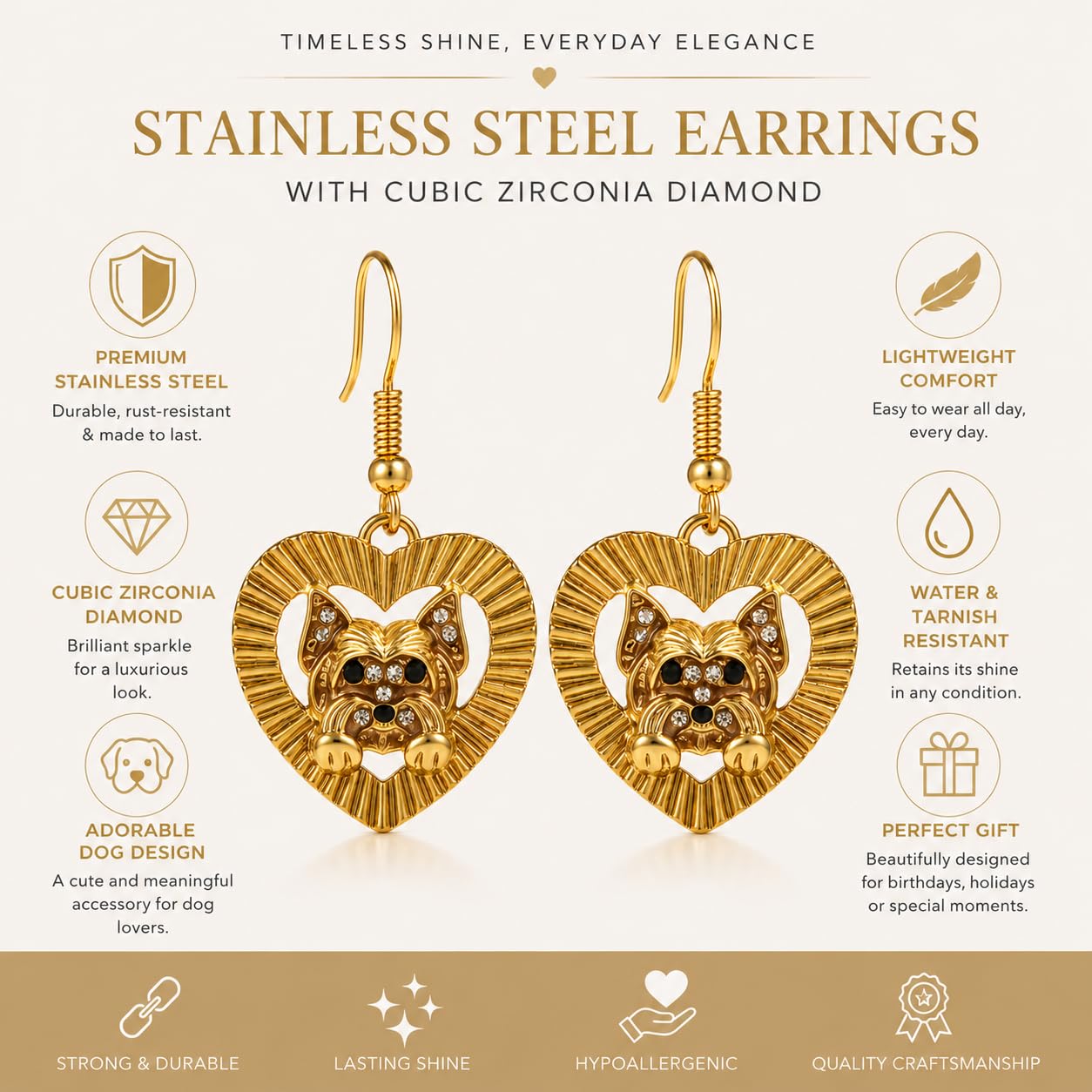 Yorkie Heart Drop Earrings, Gold, Stainless Steel, Crystal Accent, 0.94 x 0.94 in, Dog Lover Jewelry