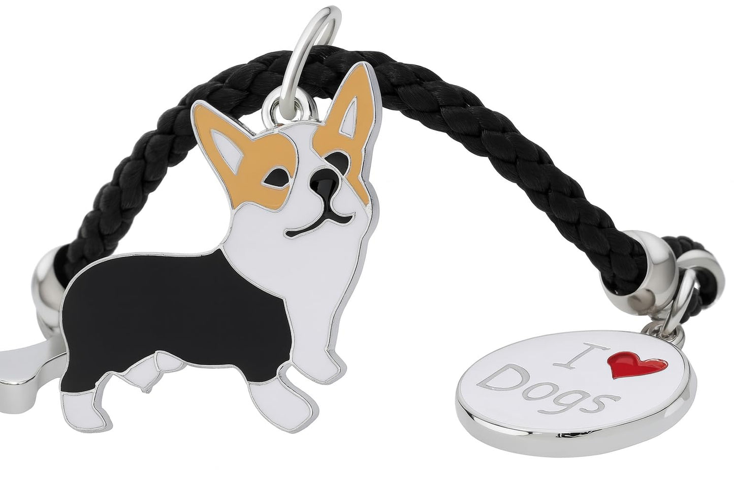 Pet Charm Bracelet with Dog Charms, Black Braided Band, I Love Dogs Design - Dog Lovers' Bracelet - Different Breeds of Dogs, Pet Lover Gift for Birthday and Holiday, Durable and Long-Lasting, Hypoallergenic and Nickel-Free, Everyday Wear (Corgi Pembroke)