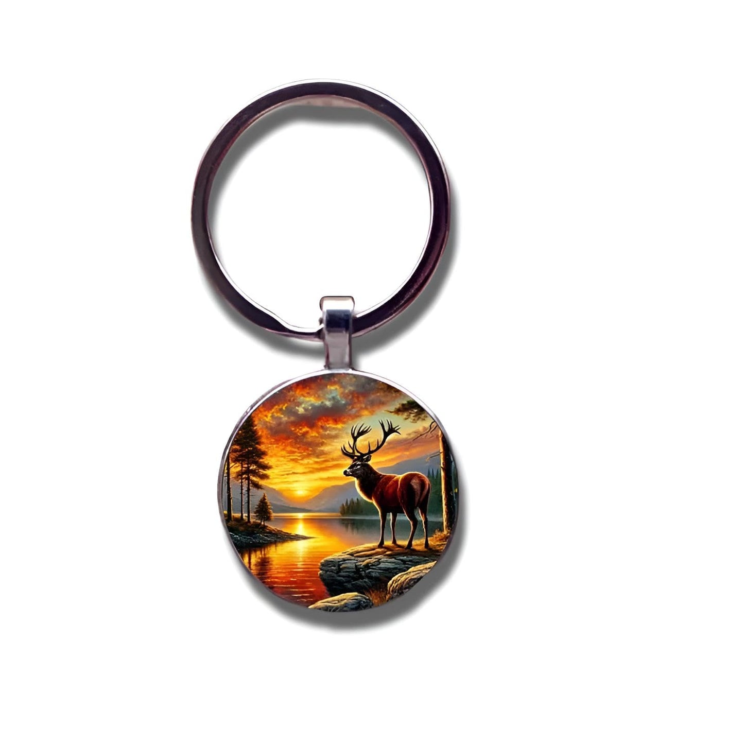 Mountain Sunset Stained Glass Art Keychain, Nature Scene Design, Round Pendant (Rustic Deer & Sunset)