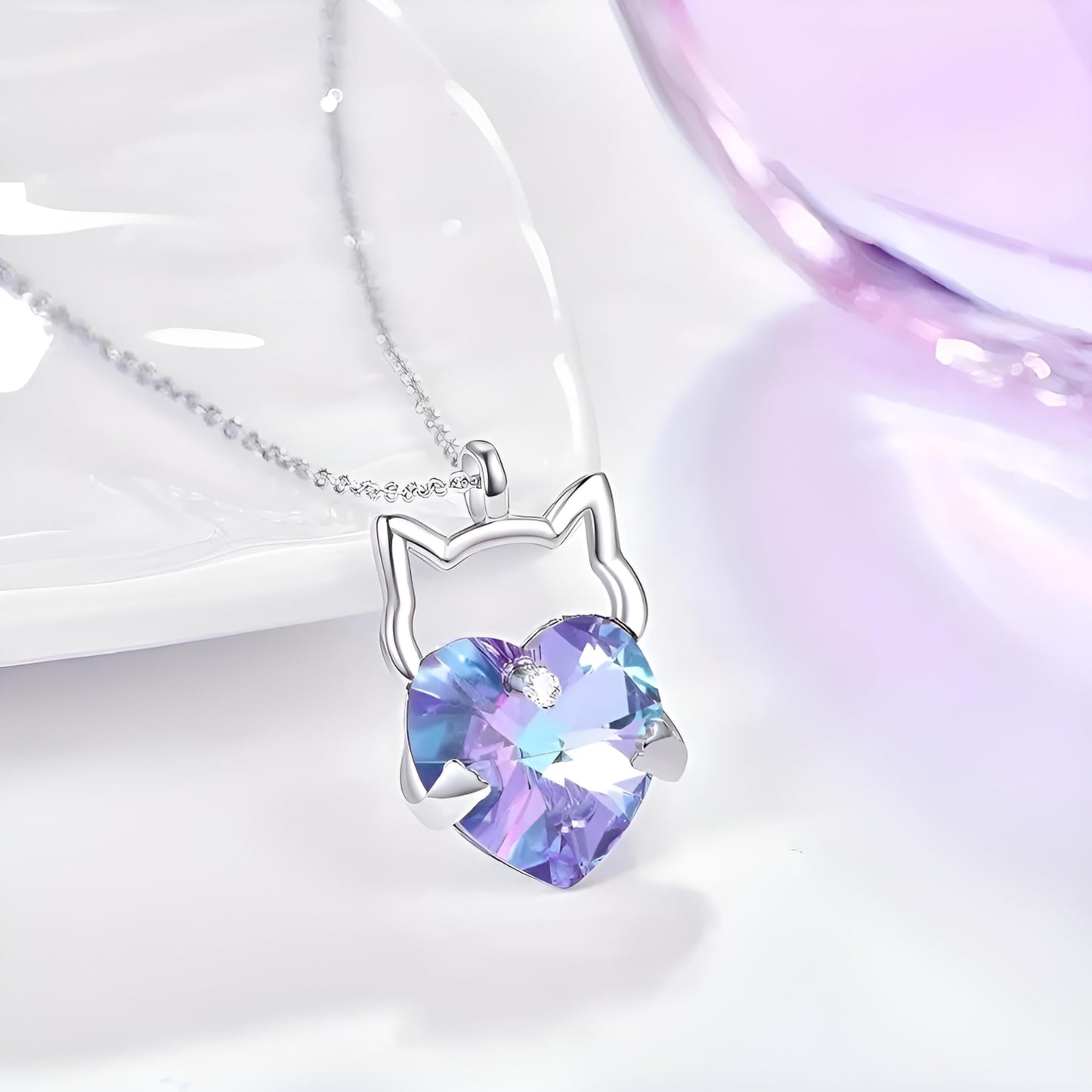 Crystal Cat Pendant Necklace, Silver Chain with Sleeping Cat Design, 17.7 inch Length