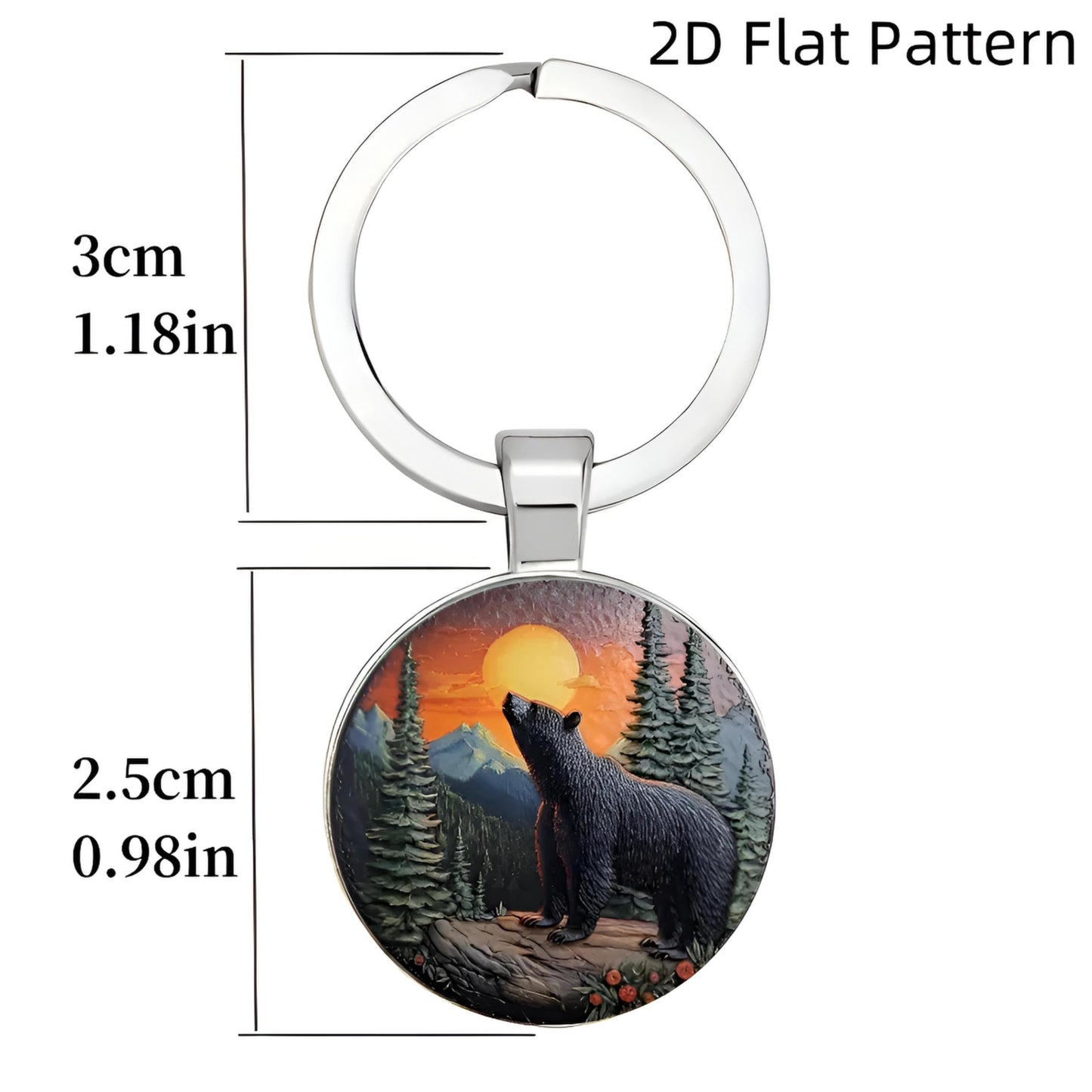 SUPAC 1pc Unique Bear With Forest Background Shaped Metal Keychain - Fashionable Circular Animal Keyring for Men and Friends