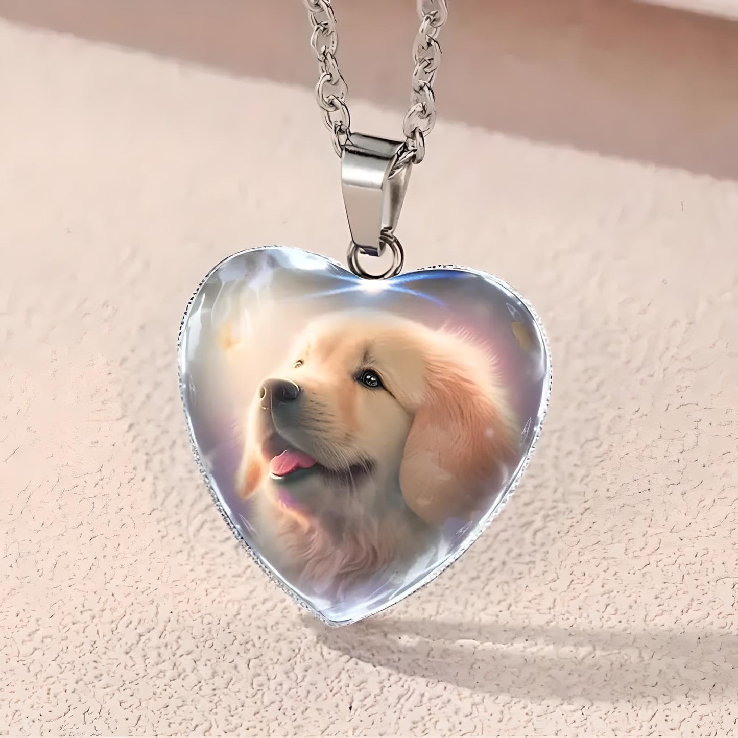 Heart-Shaped Pendant Necklace with Different Animals - Panda, Horse, Deer, Cat, Elephant, Dog Scenic Views, Stainless Steel Necklace with Glass Pendant - Christmas, Holiday, or Birthday Gift (Golden Retriver)