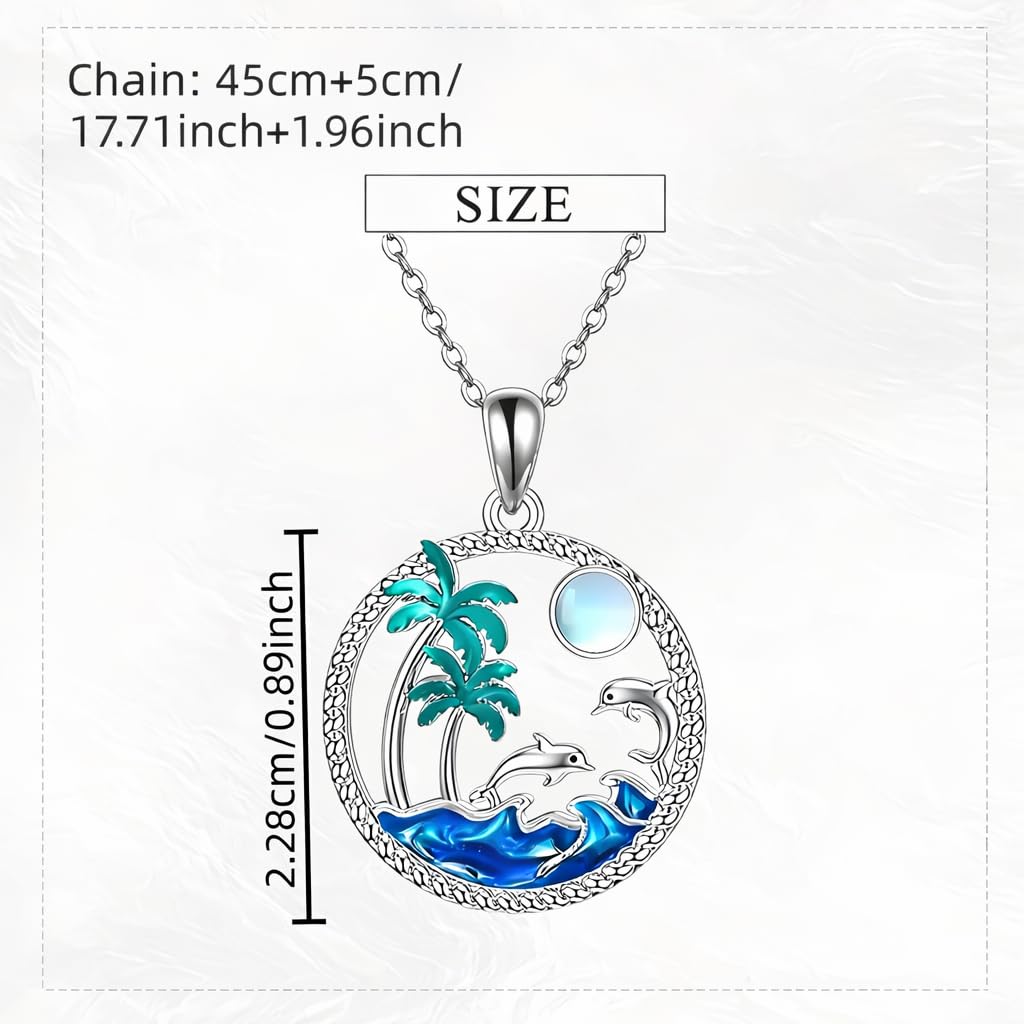 Tropical Beach Scene Pendant Necklace, Silver Chain with Dolphins and Palm Trees, Blue Ocean Wave Design, 17.7 + 2 Inch