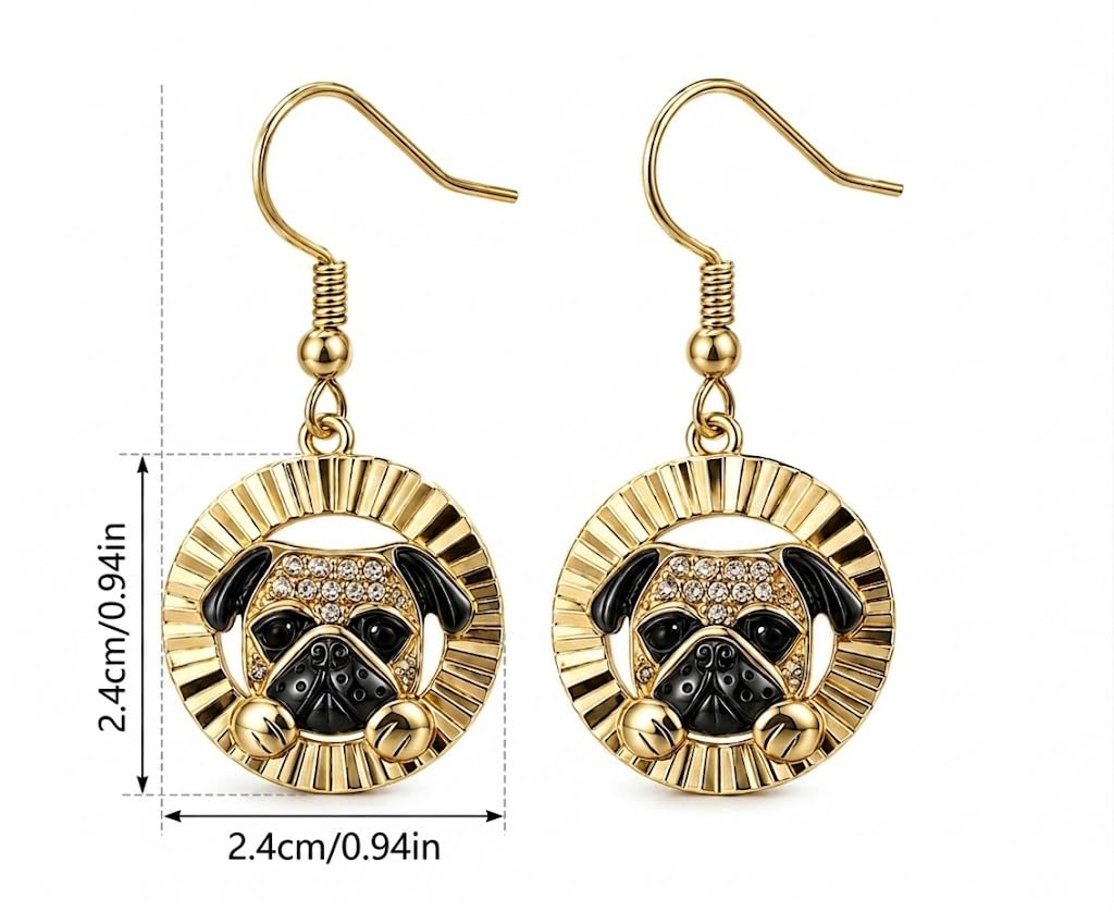 Pug Dangle Earrings, Gold-Tone Round Drop Earrings with Crystal Accents, Dog Lover Jewelry - Stainless Steel with Cubic Zirconia