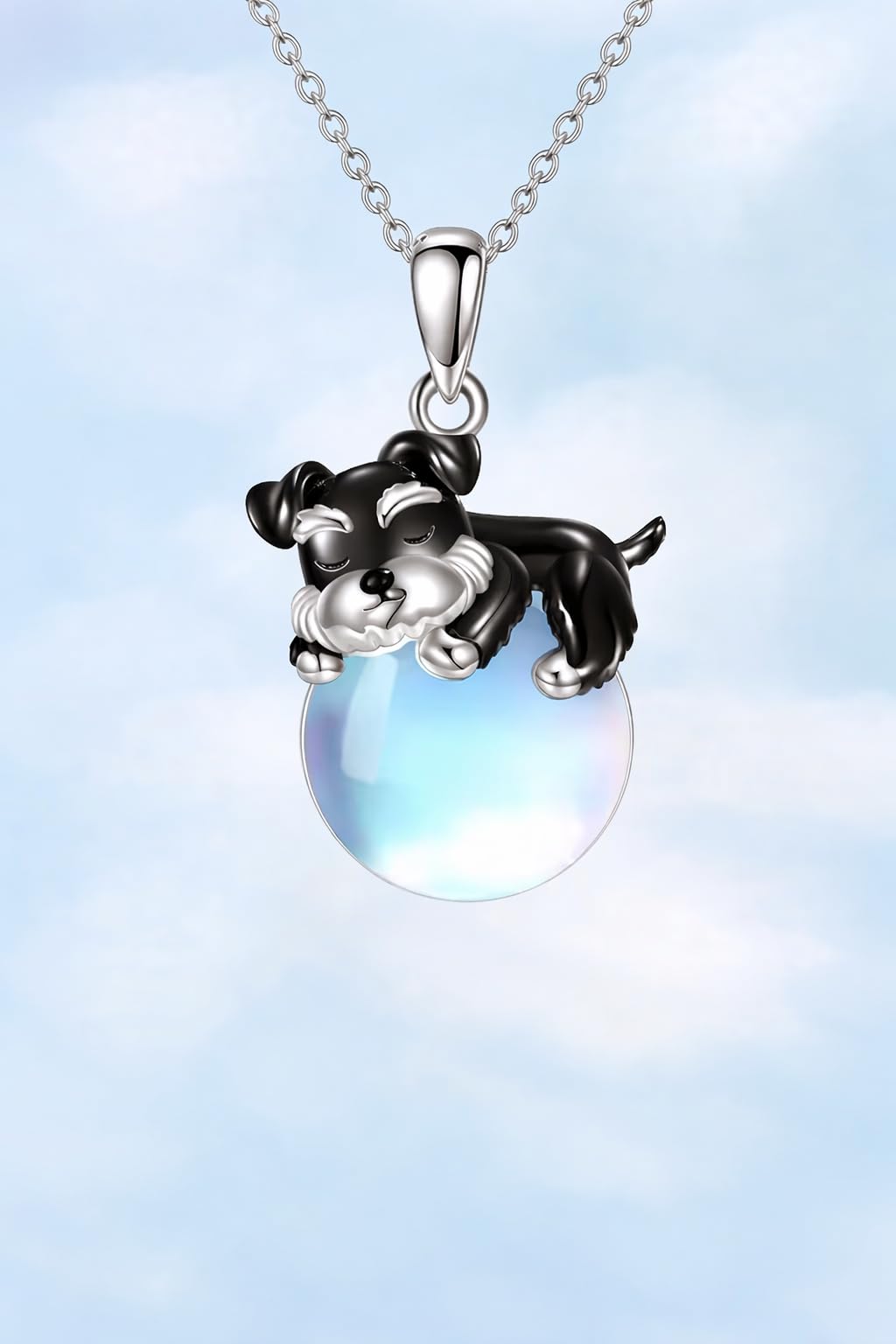 SUPAC Cute Schnauzer Dog Jewelry Set with Moonstone, Black and Blue Crystal Pendant Necklace and Dangle Earrings, 2.5 inch Length