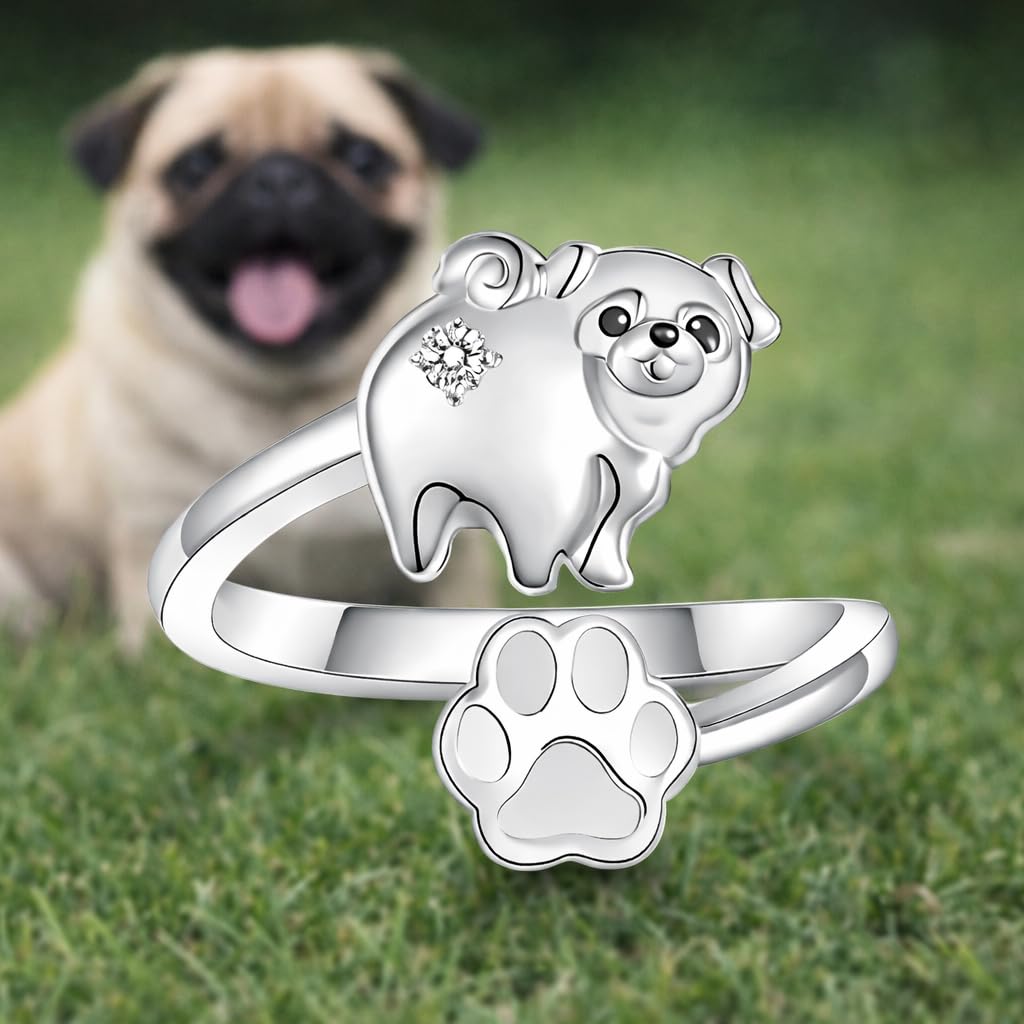 SUPAC German Shepherd, Yorkie, Pug Dog Paw Adjustable Ring, Sterling Silver, Paw Print Design with Crystal Accents - Christmas, Birthday, or Party Ring