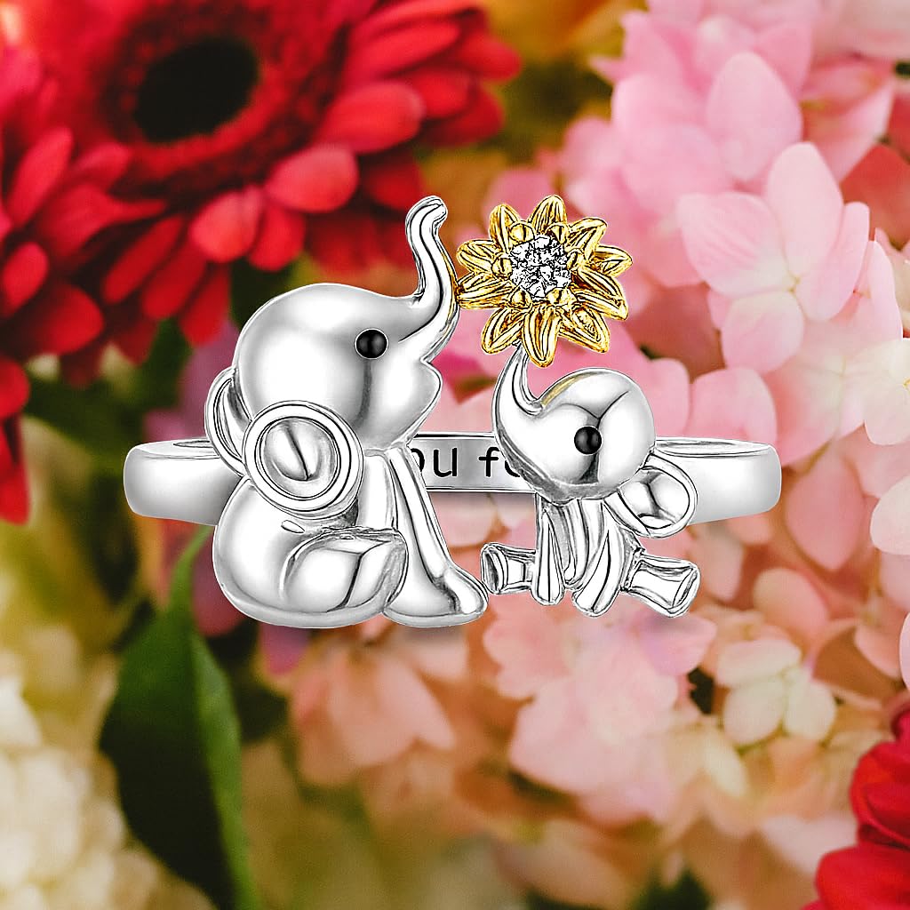 Elephant with Flower Stainless Steel Ring - Cute Flower Design, Stainless Steel - Elephant Jewelry Gift