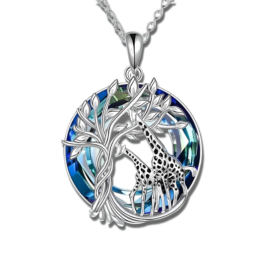 SUPAC Sterling Silver Tree of Life Giraffe Pendant Necklace, Blue Crystal Background, Gift for Animal Lovers!