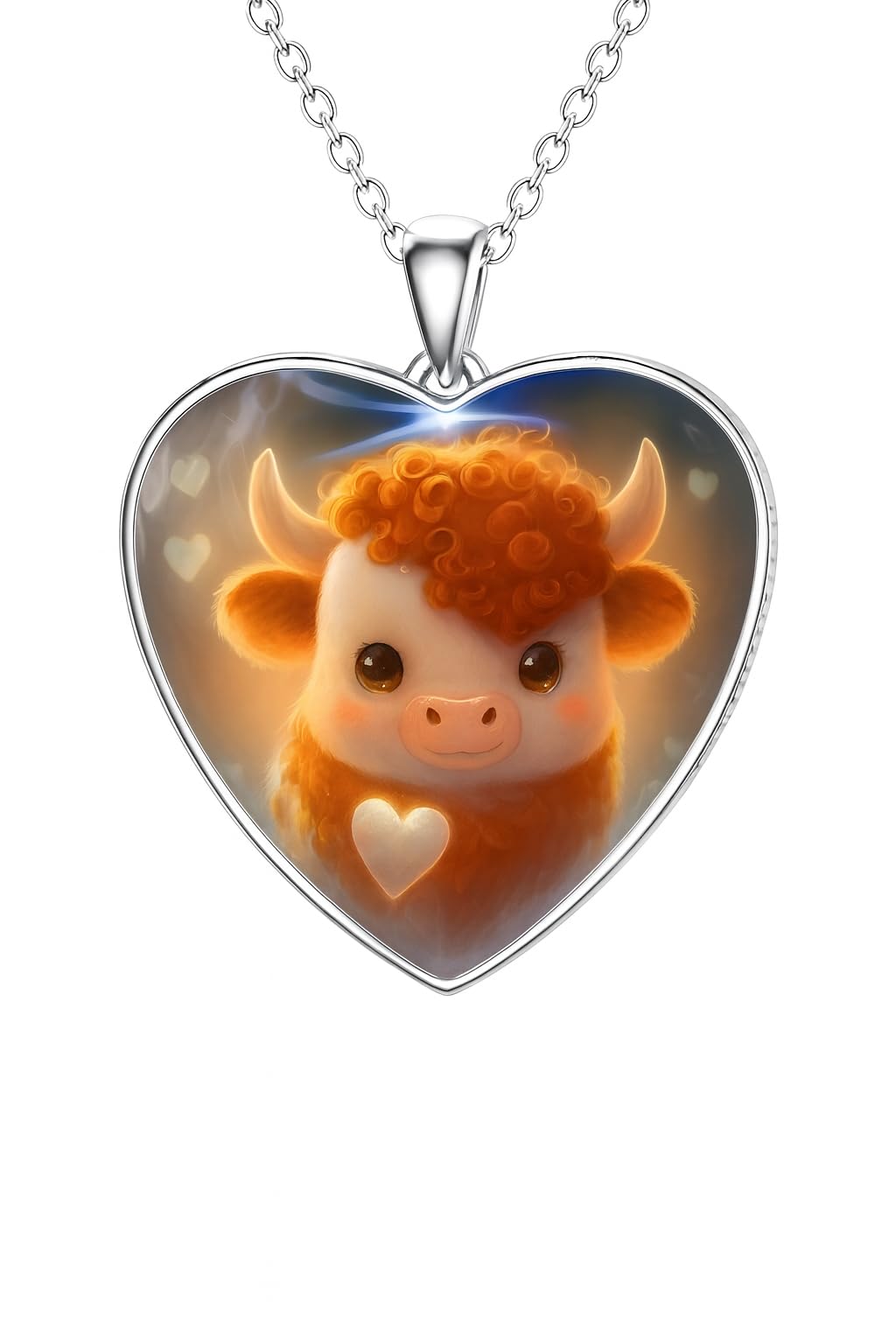 Heart-Shaped Pendant Necklace with Different Animals - Panda, Horse, Deer, Cat, Elephant, Dog Scenic Views, Stainless Steel Necklace with Glass Pendant - Christmas, Holiday, or Birthday Gift (Calf)