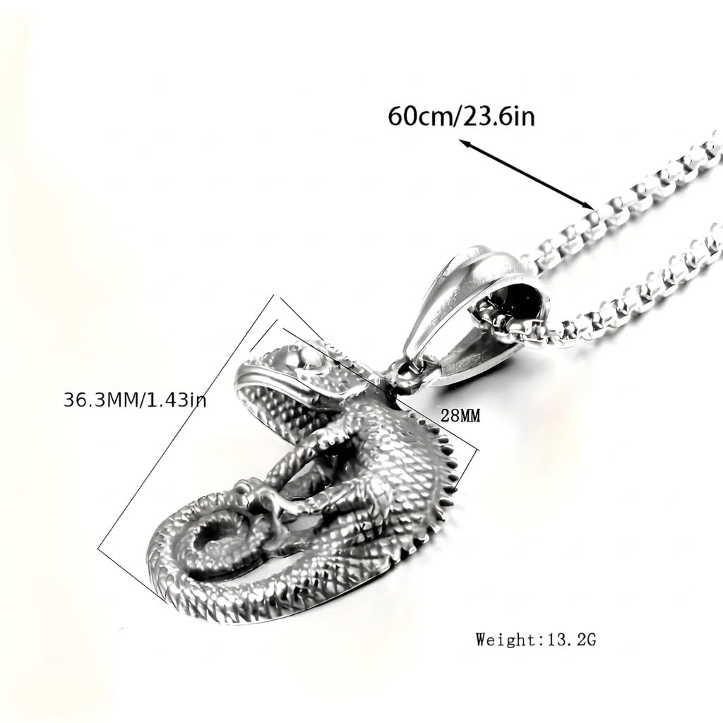 SUPAC Stainless Steel Chameleon Pendant Necklace, 3D Detailed Reptile Design, 23.6 Inch Chain Length, 1.43 Inch Pendant Size