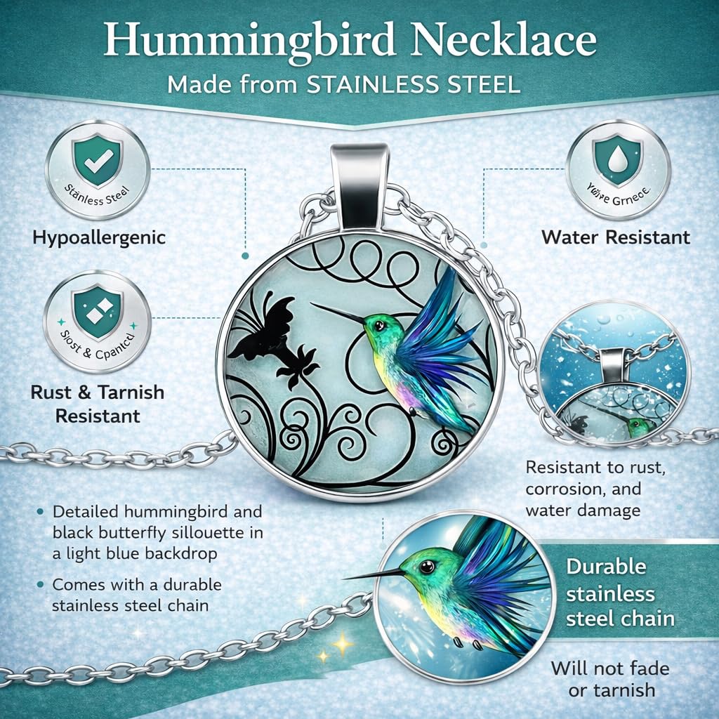 SUPAC Stunning Hummingbird Pendant Necklace - Two Humming Birds Searching for Flower - Fashionable Alloy Jewelry with Delicate Details - Birthday, Party, Gift Idea for Her