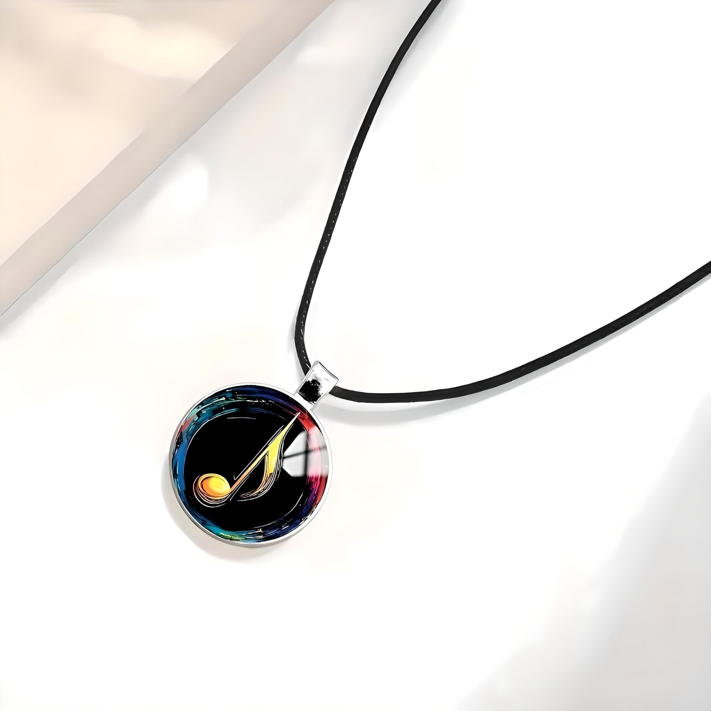 SUPAC Musical Note Pendant Necklace, Black Leather Cord, Eighth Note, Treble Clef, 17.7 Inch Chain with 2 Inch Extension