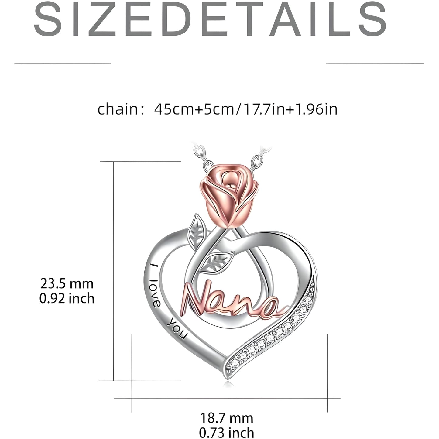 Rose Gold and Silver Heart Nana Pendant Necklace with Crystals