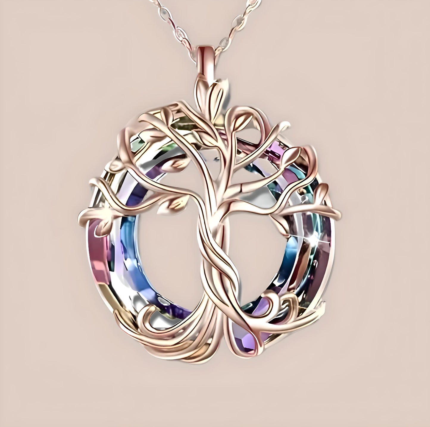 SUPAC Tree of Life Swing, Sloth, Horse + Other Styles Pendant Necklace, Silver Chain, Crystal Rainbow Background - Gift for Friends (Rose Gold Tree of Life)