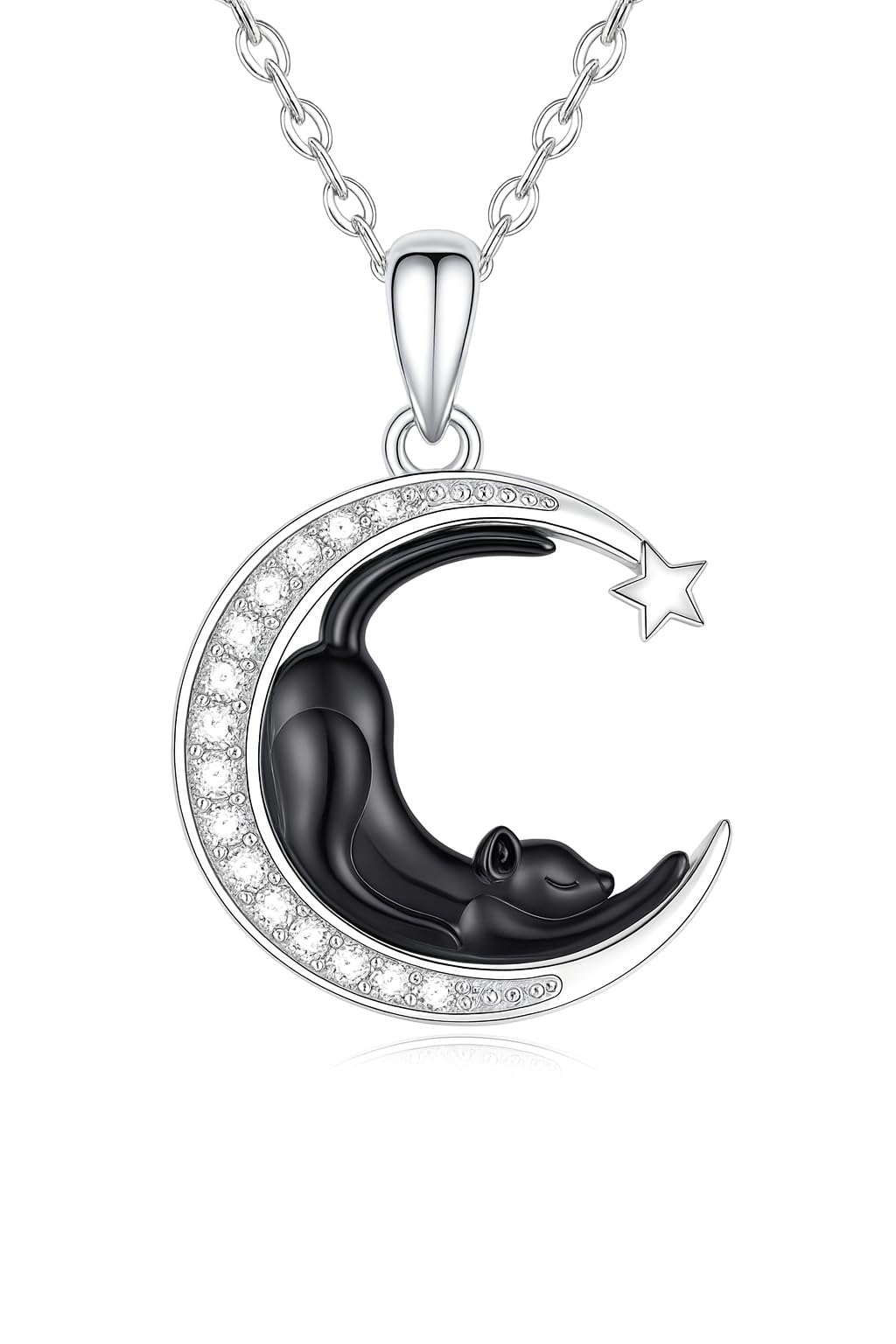 Stainless Steel Cat Moon Heart Star Flower Necklace with Crystal Pendant, 8 Designs - Cute Heart Necklace, With Black Cats, Charming in Rose Gold - Stylish Gift for Women & Party Accessory (Black Cat Stretching on the Moon)