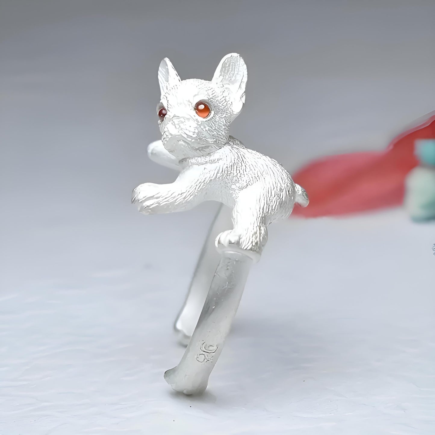 SUPAC Adjustable Silver Dog Ring, Westie Terrier and Bulldog Design, Fashion Jewelry (Silver w/red eyes)