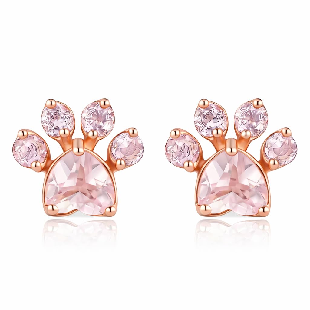Rose Gold Cat Stud Earrings, Dog Paw Earrings, Pink Glass Crystal, Rhinestone Accents, 0.63 x 0.35 inches - Cat Earrings Gift