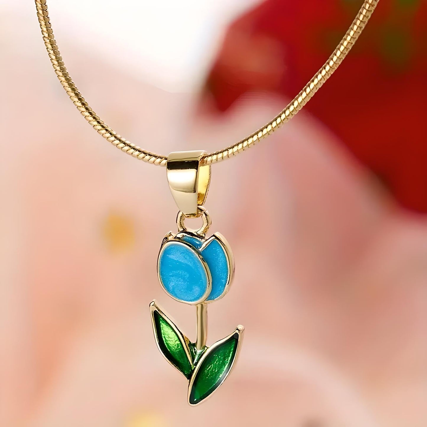 SUPAC Tulip Pendant Necklace, Gold-Plated Chain, Blue and Green Enamel Flower, 17.3 Inches