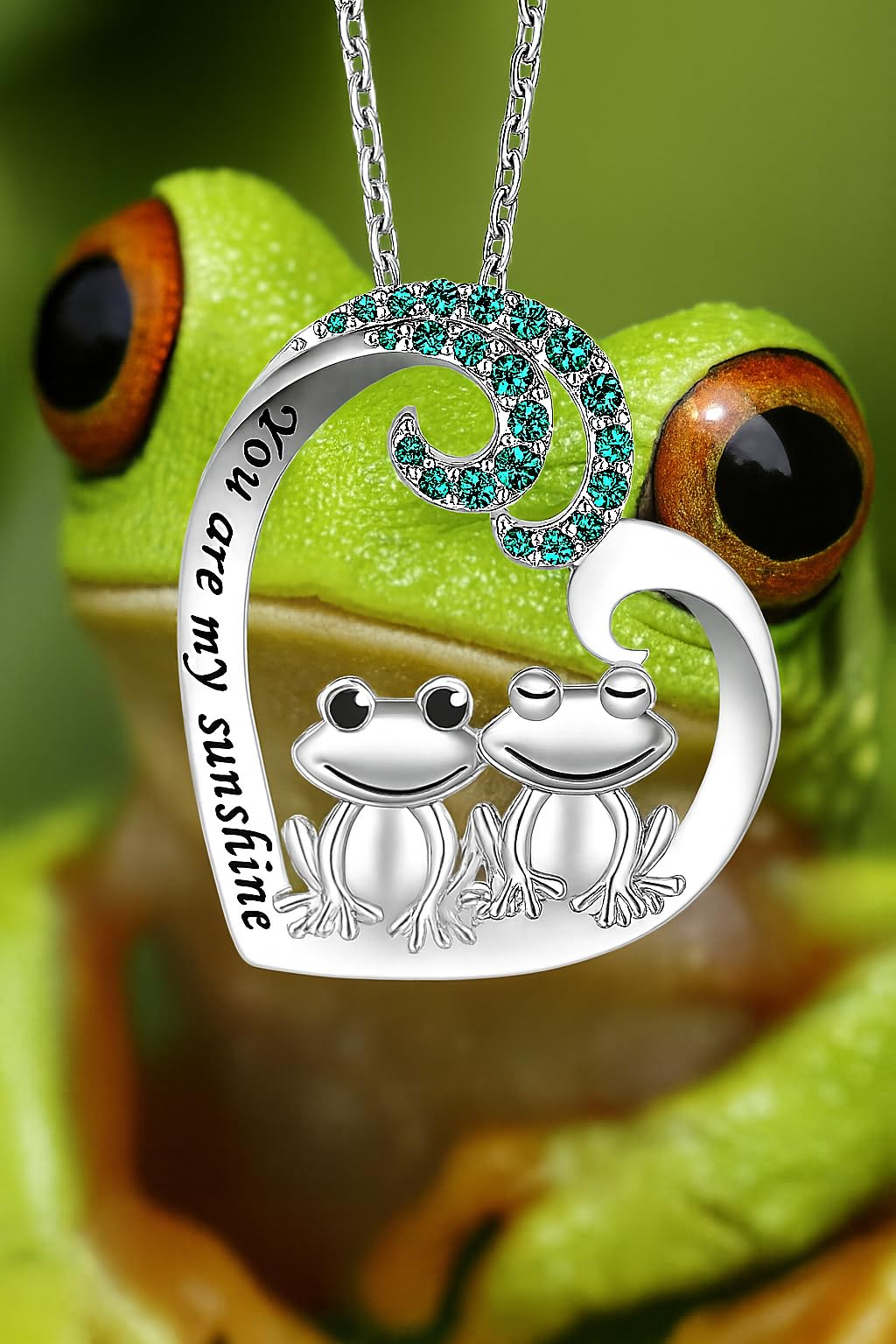 Cute Frog Couple Heart Pendant Necklace, Stainless Steel Chain 19.7 inch, Crystal Accent - Engraved 'You are my sunshine'