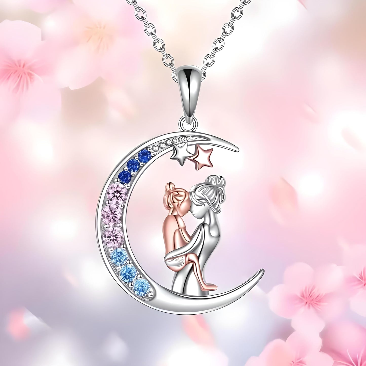 SUPAC Heart-Shaped Mother's Day Necklace, Family + Mother Necklace Options with Crystal Accents, Mother and Daughter Pendant Gift, Silver and Gold-Tone, 'I Love You Always & Forever' Message (Moon)