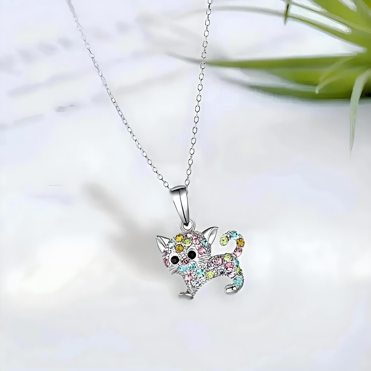 Crystal Cat Jewelry Set with Necklace, Earrings, Bracelet and Keychain, Colorful Rhinestone Design, Silver