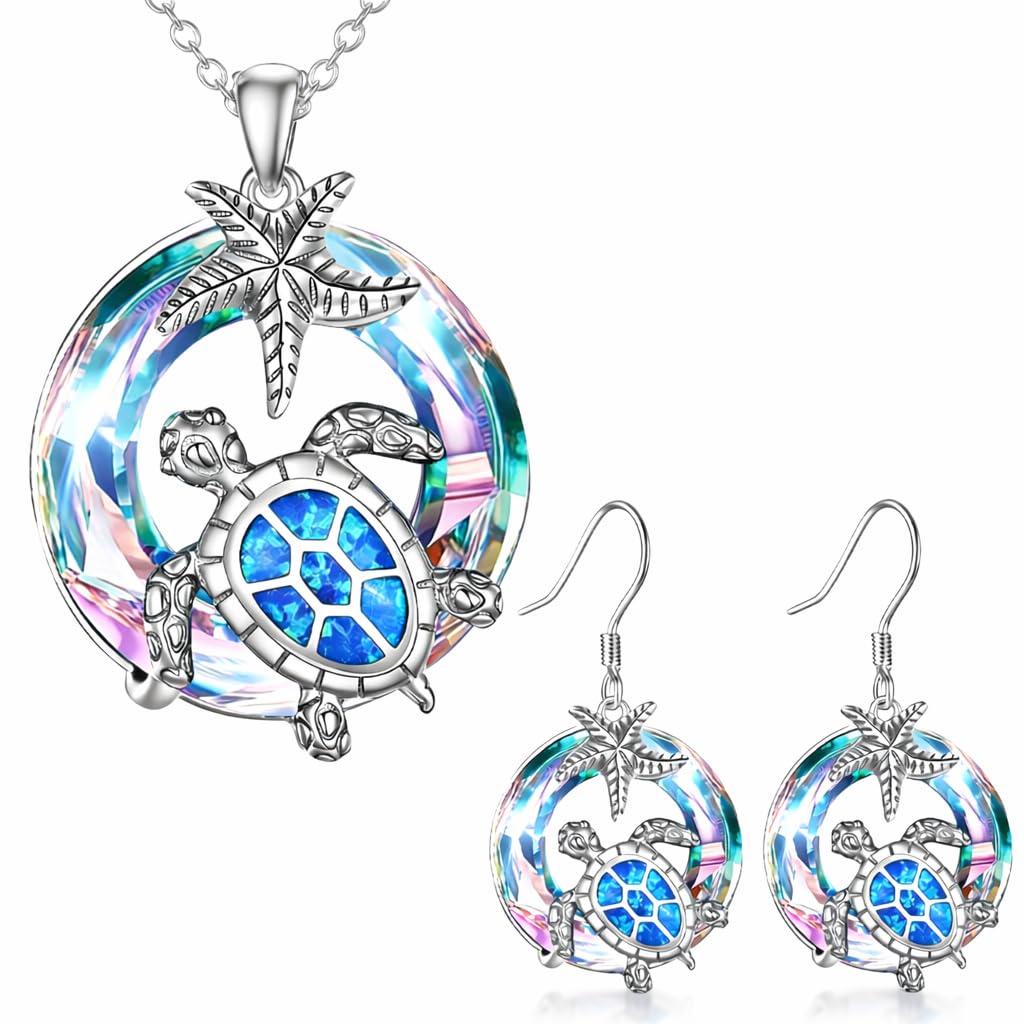 Sea Turtle Jewelry Set with Opal-Effect Blue Crystal, 3 Piece Starfish Pendant Necklace, Earrings Set, Stainless Steel Set
