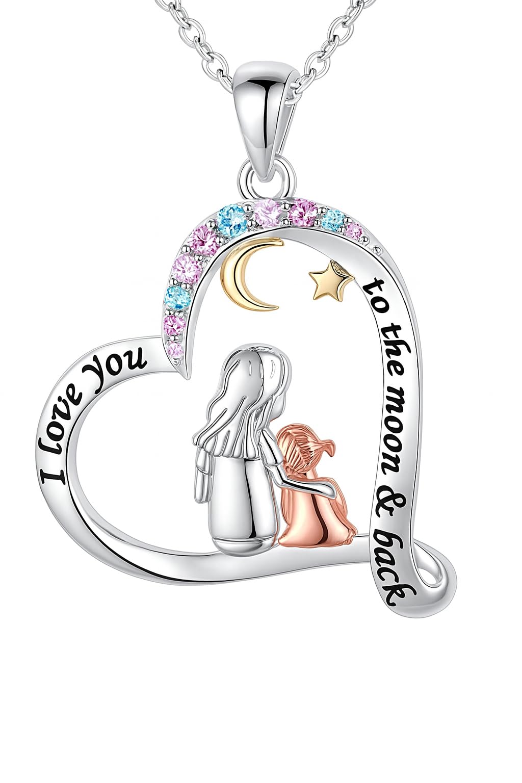 Heart-Shaped Mother's Day Necklace, Family + Mother Necklace Options with Crystal Accents, Mother and Daughter Pendant Gift, Silver and Gold-Tone, 'I Love You Always & Forever' Message (Colorful)