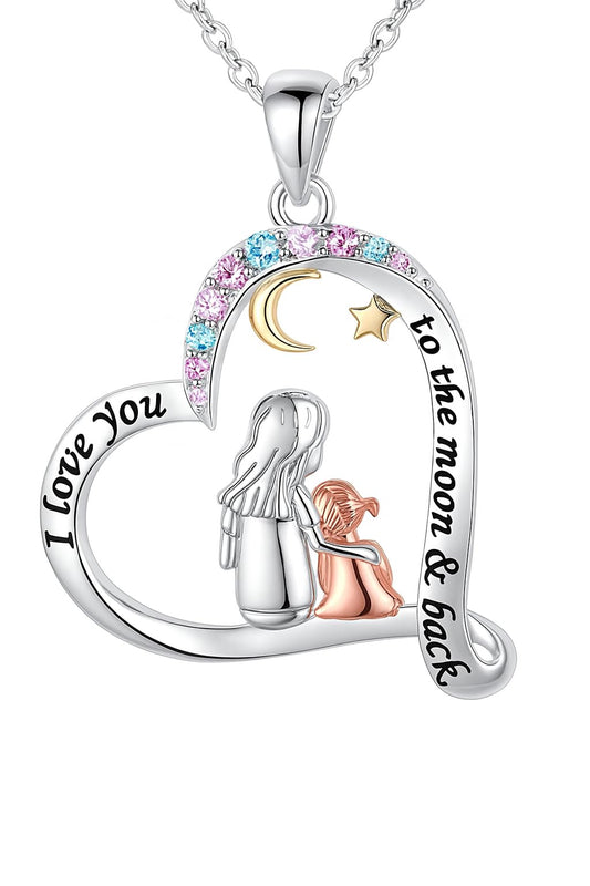 Heart-Shaped Mother's Day Necklace, Family + Mother Necklace Options with Crystal Accents, Mother and Daughter Pendant Gift, Silver and Gold-Tone, 'I Love You Always & Forever' Message (Colorful)