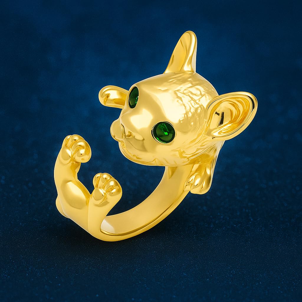 SUPAC Adjustable Silver Dog Ring, Westie Terrier and Bulldog Design, Fashion Jewelry (Golden French Bulldog)
