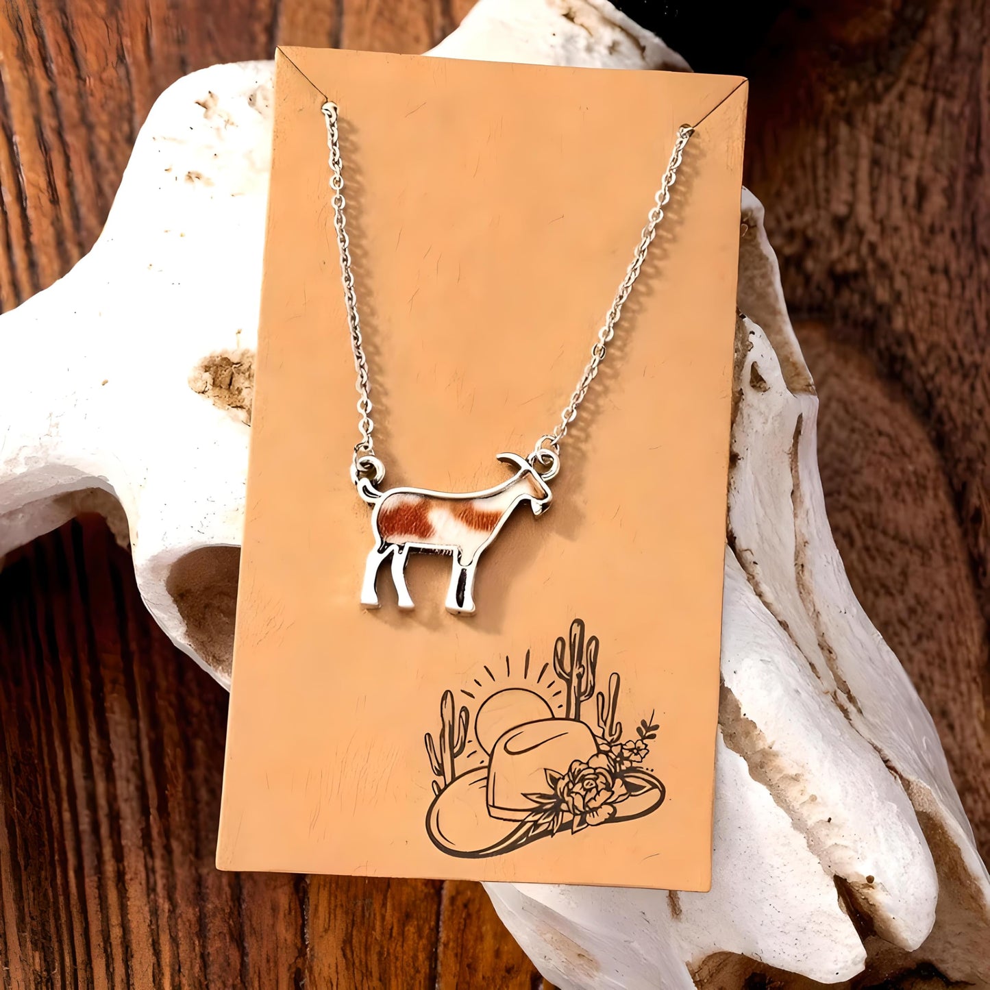 Western Farm Animal Pendant Necklace, Cow, Horse, Goat, and Pig Hide - Silver Chain, 15.35 inch + 1.97 inch Extension